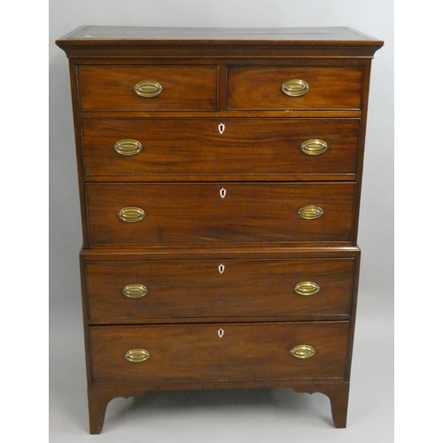 396 - A 19th century mahogany chest on chest, composed of two short over three long drawers, the lower sec... 