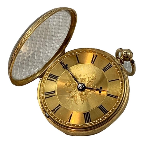 66 - A Victorian 18ct gold open face key wind pocket watch, London 1860, The gold dial with black Roman n... 