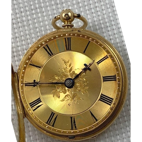 66 - A Victorian 18ct gold open face key wind pocket watch, London 1860, The gold dial with black Roman n... 