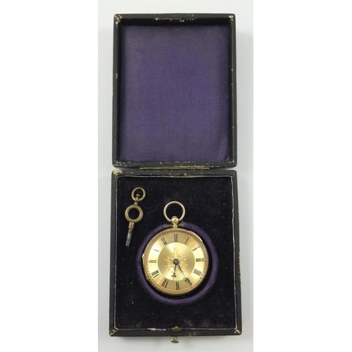 66 - A Victorian 18ct gold open face key wind pocket watch, London 1860, The gold dial with black Roman n... 