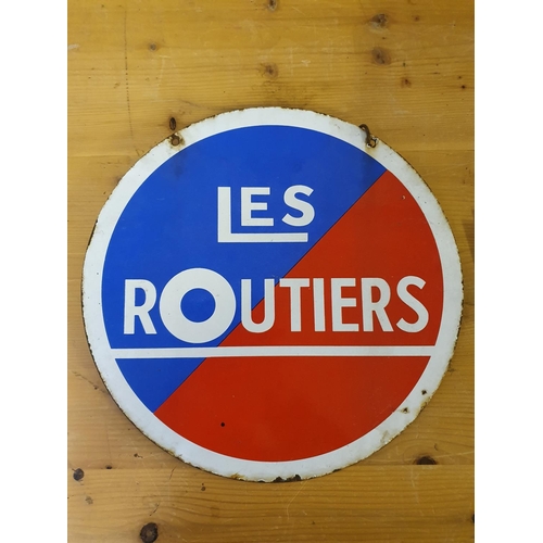 12 - A vintage vitreous enamel hanging advertising sign, Les Routier, 38 cm diameter. 