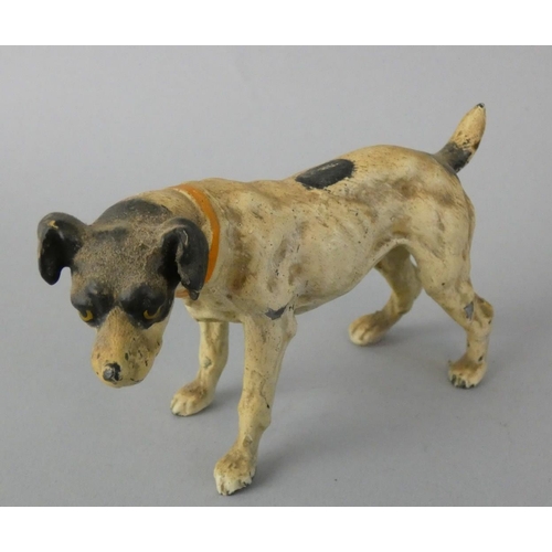 141 - An early 20th century collection of five cold painted lead dogs, to include a Scottie and a Spaniel ... 