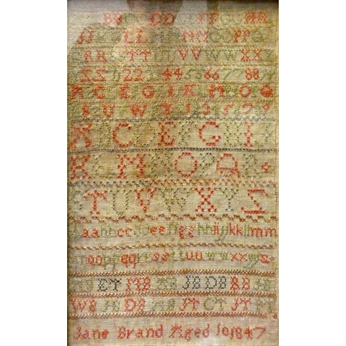 178 - A Victorian sampler, the alphabet, signed by Jane Brand, aged 10, 1847, 41 x 28 cm together with an ... 