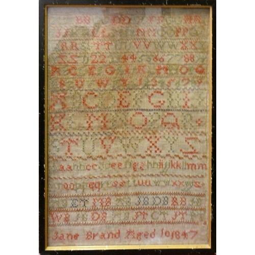 178 - A Victorian sampler, the alphabet, signed by Jane Brand, aged 10, 1847, 41 x 28 cm together with an ... 