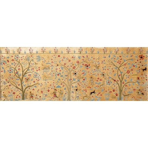 180 - An early 18th century crewelwork panel, composed of three Trees of Life, each with various people, a... 