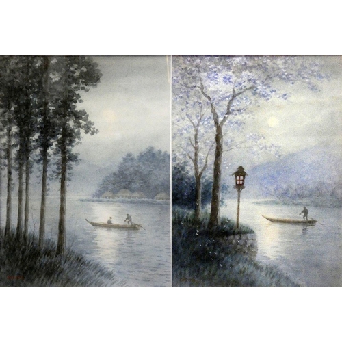 188 - Yosuke (Japanese), moon lit scene on a river, a pair, watercolour, signed lower left hand corner, 32... 