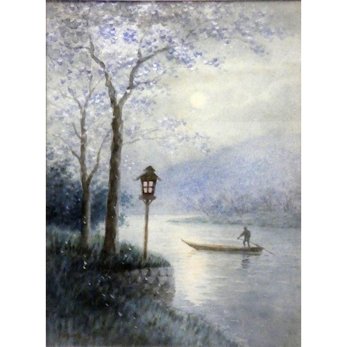 188 - Yosuke (Japanese), moon lit scene on a river, a pair, watercolour, signed lower left hand corner, 32... 