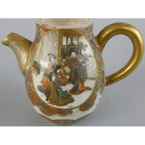 192 - A Japanese miniature Satsuma tea pot, Meiji period, one panel decorated with ladies, the other men, ... 