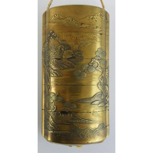 195 - A Japanese gold lacquer five-case inro by the Kajikawa family, Meiji period, decorated on the kinji ... 