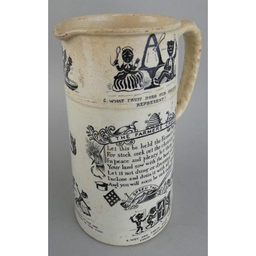 225 - A Victorian 'The Farmers Creed' printed tapering jug, with 'Animated Conundrums' decoration, answers... 