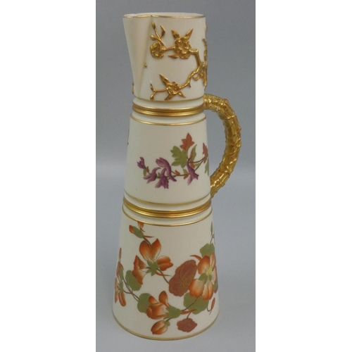 239 - A Royal Worcester blush ivory tapering cylindrical jug, printed and painted with flowers in relief, ... 