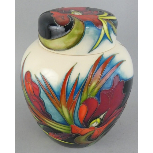 244 - A Moorcroft Satin Flowers tube lined lidded ginger jar, designed by Nicola Slaney, issued 2008, heig... 