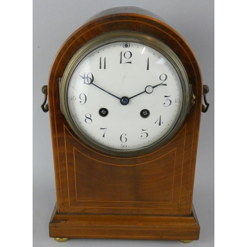 252 - A Victorian mahogany and boxwood strung dome top mantle clock, the white enamel dial with Arabic num... 