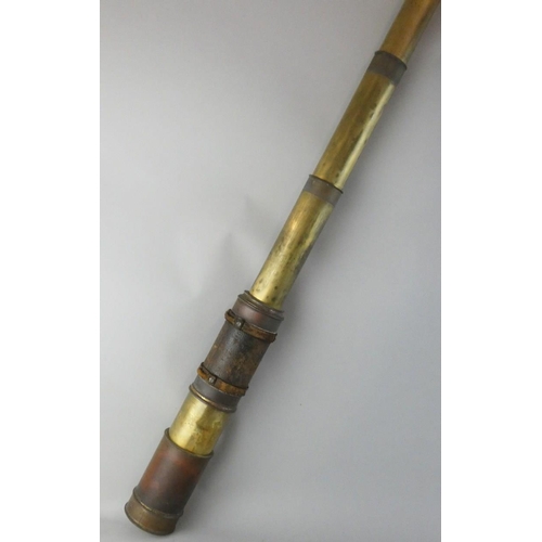 275 - A Victorian large brass and leather telescope, unsigned, six drawer with sun shade, length extended ... 