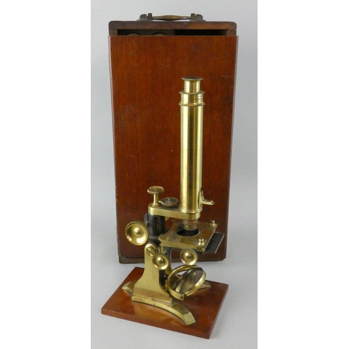 277 - A Victorian monocular brass microscope, by J.P. Cutts, Sutton & Son, c. 1850 - 1876, with brass hing... 