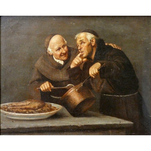 342 - 19th century Continental School, two monks cooking, oil on canvas, unsigned, 30 x 38 cm, oak frame.