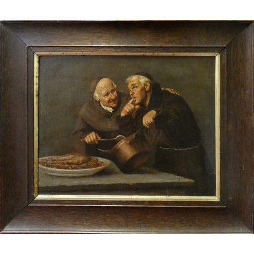 342 - 19th century Continental School, two monks cooking, oil on canvas, unsigned, 30 x 38 cm, oak frame.