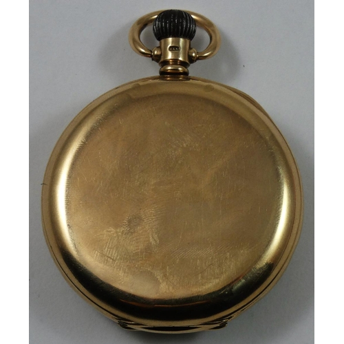 105 - A 9ct rose gold keyless wind open face pocket watch, Birmingham 1920, the white enamel dial with bla... 