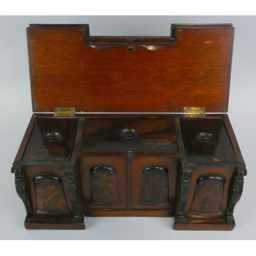 132 - A George IV flame mahogany tea caddy modelled as a sideboard, circa 1825, of inverted breakfront for... 