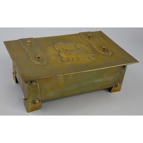 135 - An Arts & Crafts brass box, the hinged cover with an embossed Viking longboat motif, 20 x 13 x 7 cm ... 