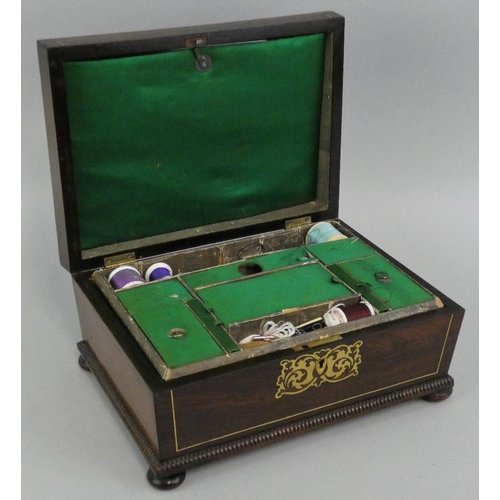 136 - A Victorian rosewood and brass inlaid sewing box, with beaded borders, raised on bun feet, fitted in... 