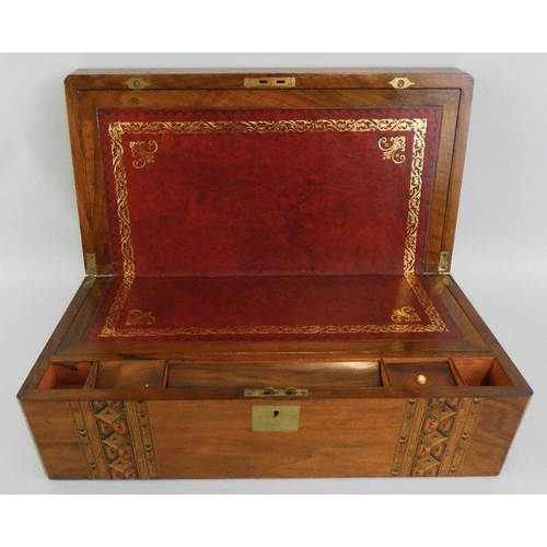 137 - A Victorian mahogany and boxwood inlaid writing slope, with two multicoloured bands of geometric des... 