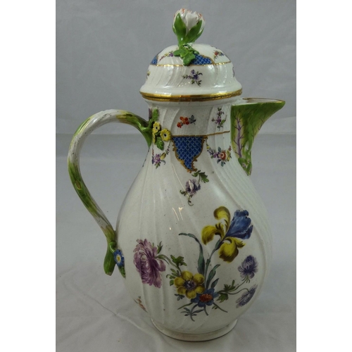 175 - An 18th century Meissen coffee pot and cover, of baluster form with floral and branch handle, floral... 