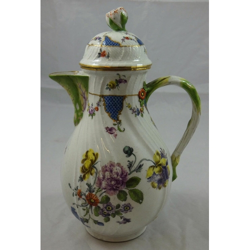 175 - An 18th century Meissen coffee pot and cover, of baluster form with floral and branch handle, floral... 