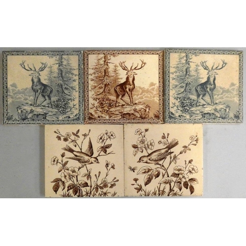 179 - Three Victorian pictorial tiles depicting stags, and two depicting birds (5).