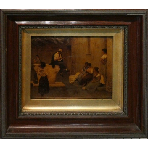 215 - A Victorian pair of crystoleums, depicting women sewing with a mandolin player, 25 x 19 cm (2).