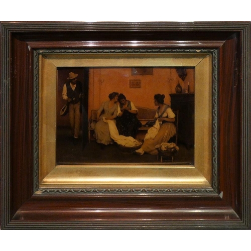 215 - A Victorian pair of crystoleums, depicting women sewing with a mandolin player, 25 x 19 cm (2).