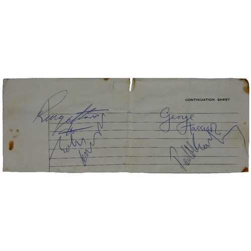 217 - Beatles; four signatures, Ringo Starr, John Lennon, George Harrison and Paul McCartney, signed in bi... 