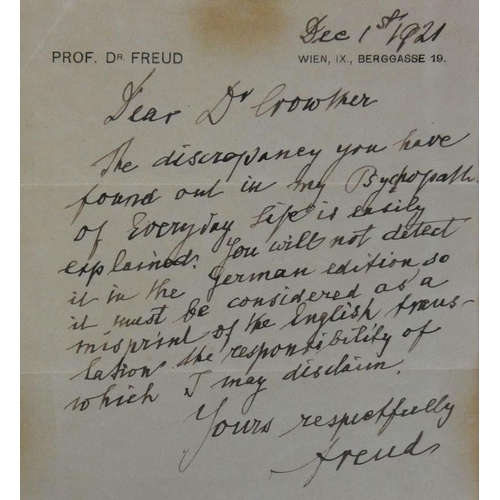 218 - Freud, Sigmund: (1856-1939) Austrian Neurologist & Founder of Psychoanalysis. A signed letter dated ... 