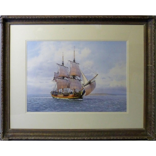 227 - Roger Davies (b. 1945), square rigged merchantman under full sail, watercolour, signed lower right h... 