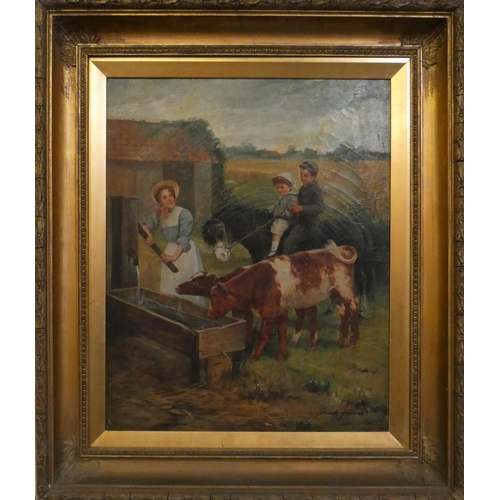 233 - Frank James (19th/20th century), cattle by a water trough, oil on canvas, signed lower right hand co... 