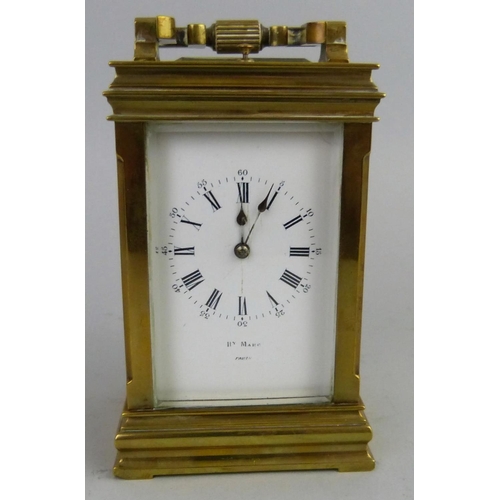 248 - Henry Marc, Paris - a 19th century French brass repeating carriage clock, the signed white enamel di... 