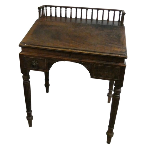 283 - A George III mahogany clerks desk, with three quarter gallery, the fall front opening to reveal a fi... 