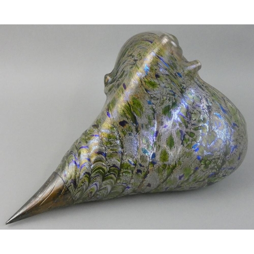 248 - A Peter Layton Art Glass iridescent shell with silver tip, London 1986, signed and dated 1986, lengt... 