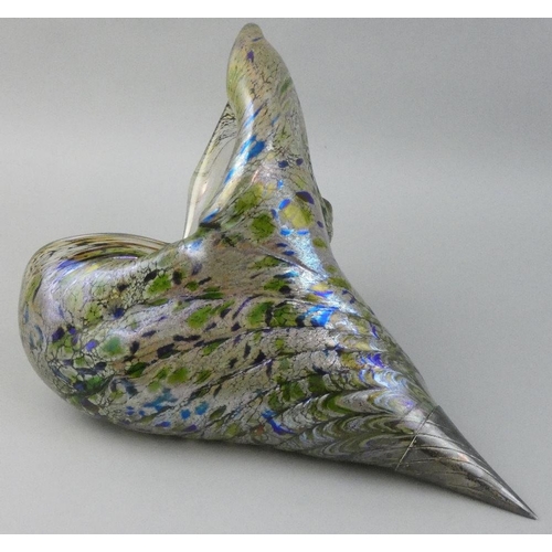 248 - A Peter Layton Art Glass iridescent shell with silver tip, London 1986, signed and dated 1986, lengt... 