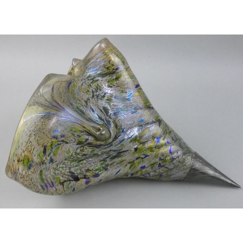 248 - A Peter Layton Art Glass iridescent shell with silver tip, London 1986, signed and dated 1986, lengt... 