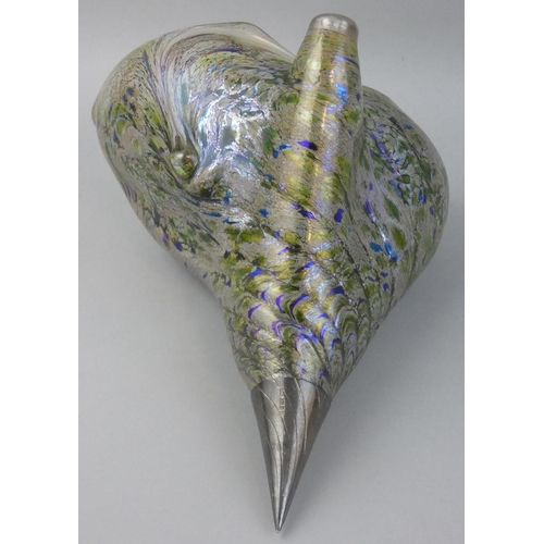 248 - A Peter Layton Art Glass iridescent shell with silver tip, London 1986, signed and dated 1986, lengt... 