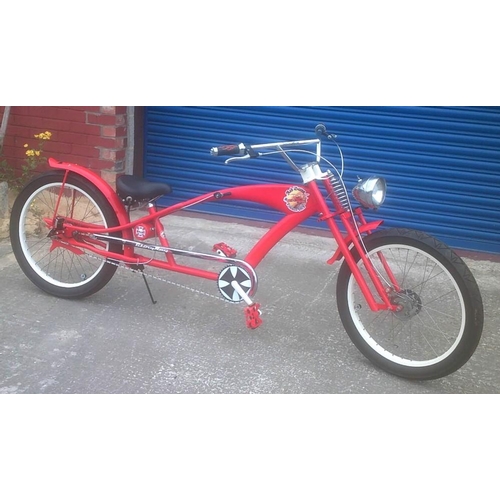 46 - Red Baron - a custom built bicycle, in the form of a stretched cruiser, 3 speed gears, hub brakes, 7... 