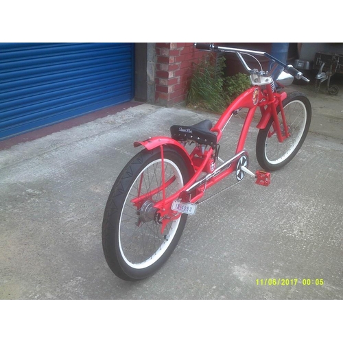 46 - Red Baron - a custom built bicycle, in the form of a stretched cruiser, 3 speed gears, hub brakes, 7... 