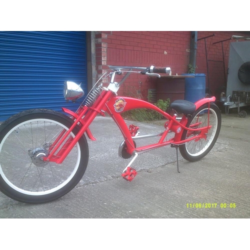 46 - Red Baron - a custom built bicycle, in the form of a stretched cruiser, 3 speed gears, hub brakes, 7... 