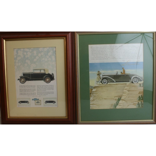 14 - Six various 1930-40's motoring advertisements, including Lincoln Le Baron roadster, framed, (6).