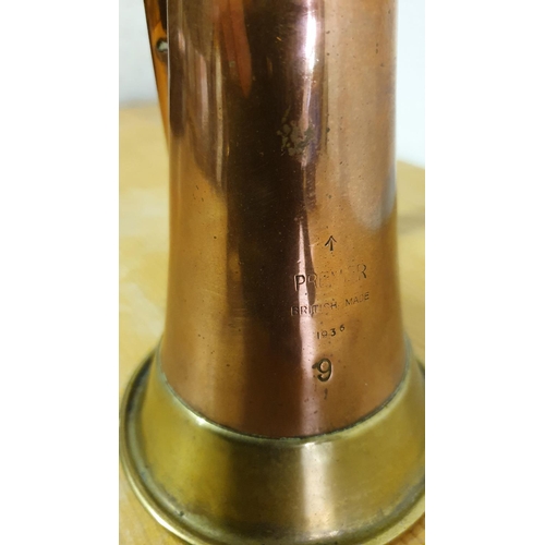 63 - A War Department copper and brass Premier bugle, dated 1936 and 9, 36 cm and a smaller bugle (2).