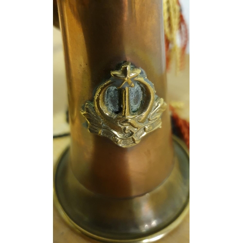 63 - A War Department copper and brass Premier bugle, dated 1936 and 9, 36 cm and a smaller bugle (2).