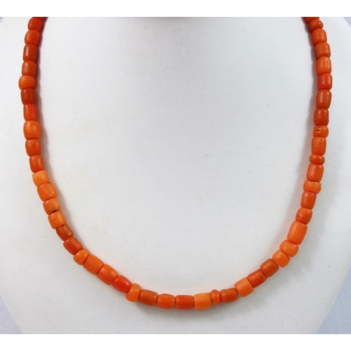 24 - A Victorian coral bead single row necklace, another smaller and a pair of earrings, weight of neckla... 