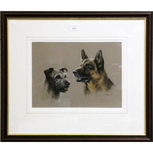 133 - John Naylor pastel ' Two Dogs', signed and dated 95, mahogany frame, 64 x 56 cm.