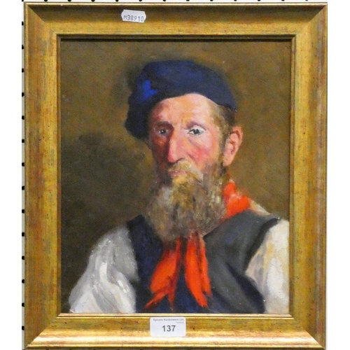 137 - Oil on board Breton fisherman unsigned, gilt framed, 37 x 32 cm.